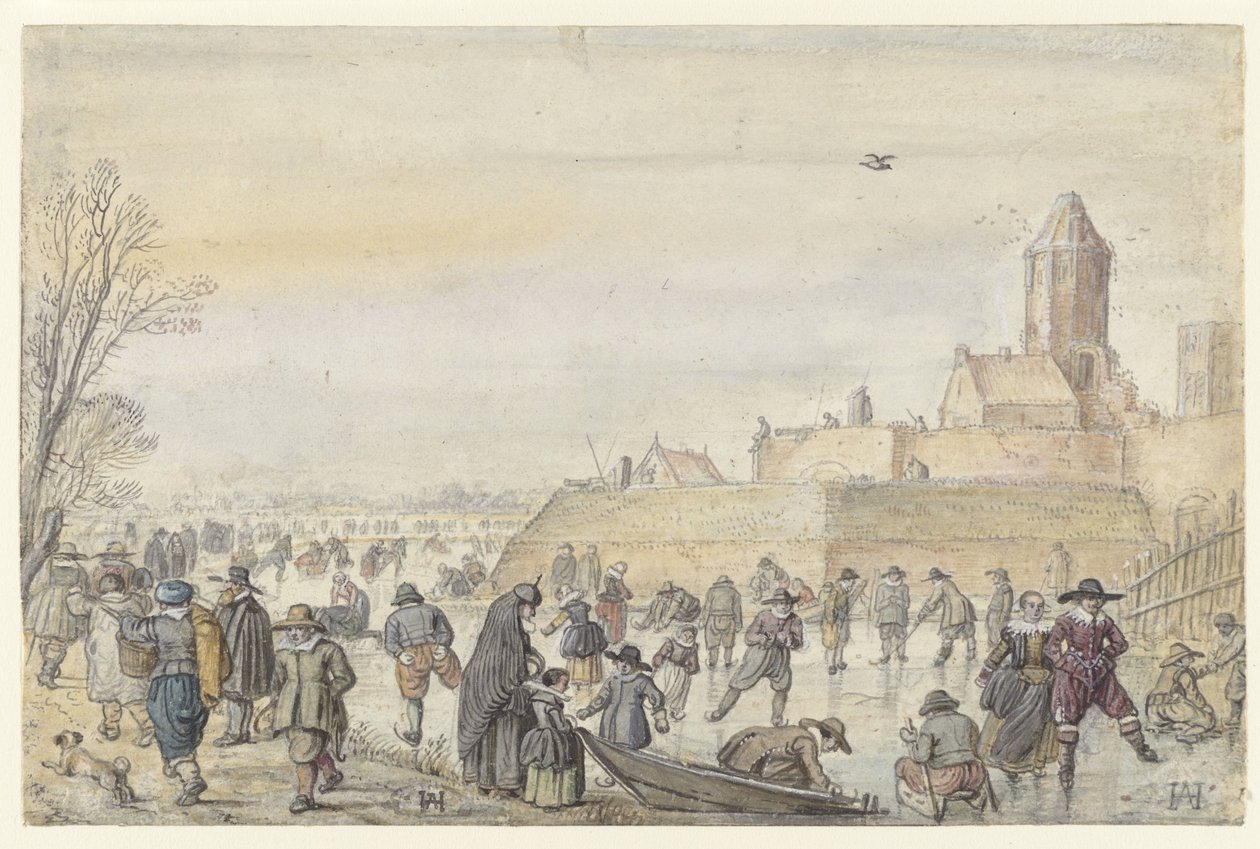 Zimní scéna na zamrzlém kanálu poblíž Kalverhekkenpoort, Kampen / verso: Náčrtky figurek na ledě od Hendrick Avercamp