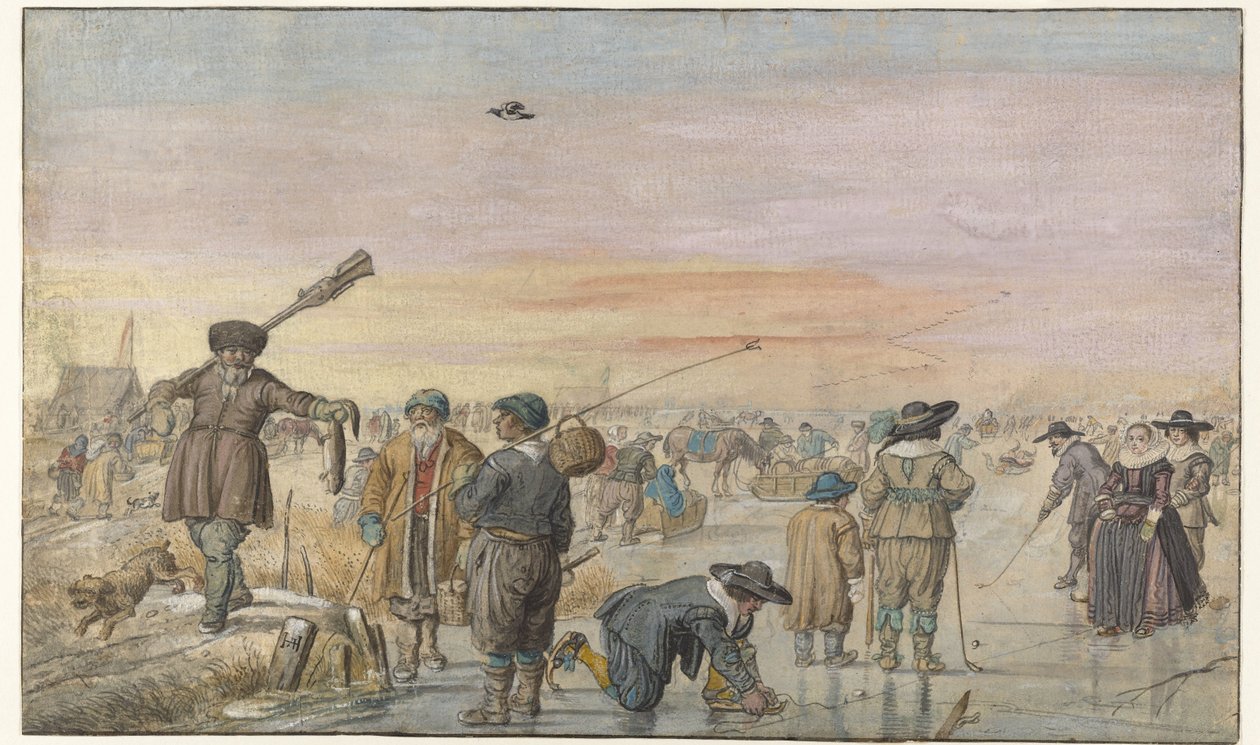 Zimní scéna na ledě s lovcem ukazujícím vydru od Hendrick Avercamp