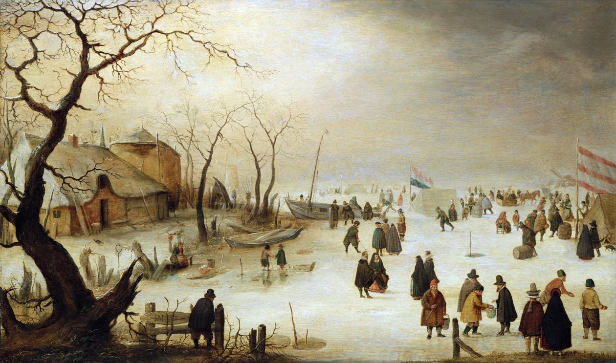 Zimní krajina s postavami a stany na ledě od Hendrick Avercamp