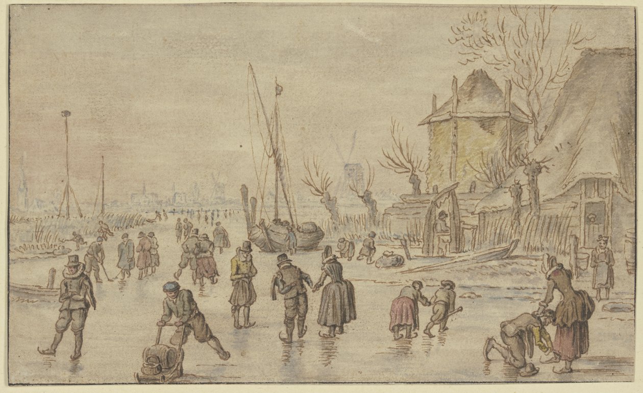 Zimní krajina, na ledě je spousta bruslařů, vpravo muž zapíná ženě brusle od Hendrick Avercamp