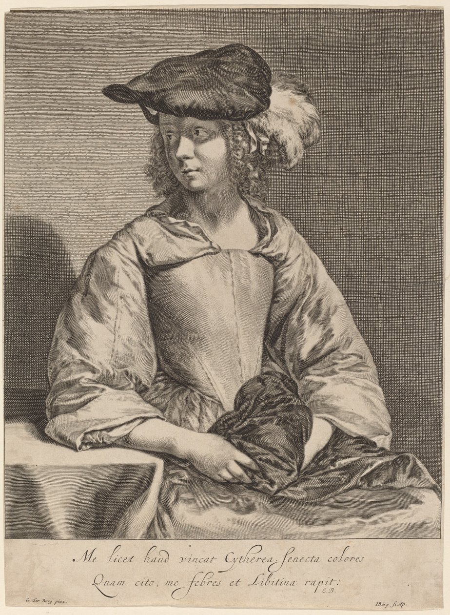 Dívka v opeřeném klobouku od Hendrick Bary after Gerard ter Borch the Younger