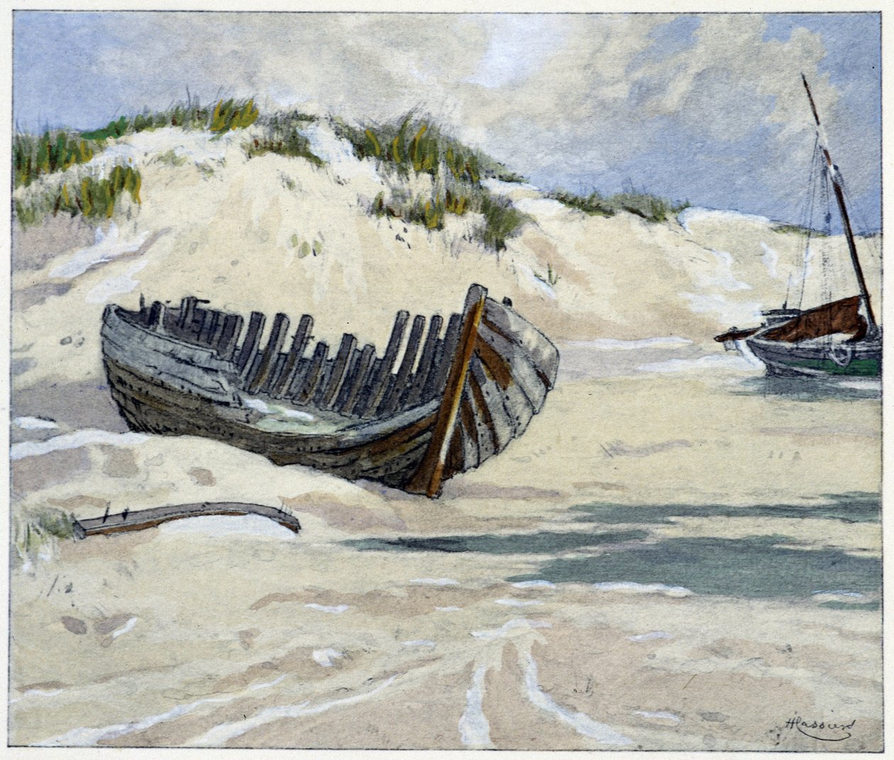 Lodě štěstí na dunách v "Garirlande des dunes", Emile Verhaeren, ilustroval H.Cassiers v Art-H.Piazza, Paříž 1927. od Hendrick Cassiers