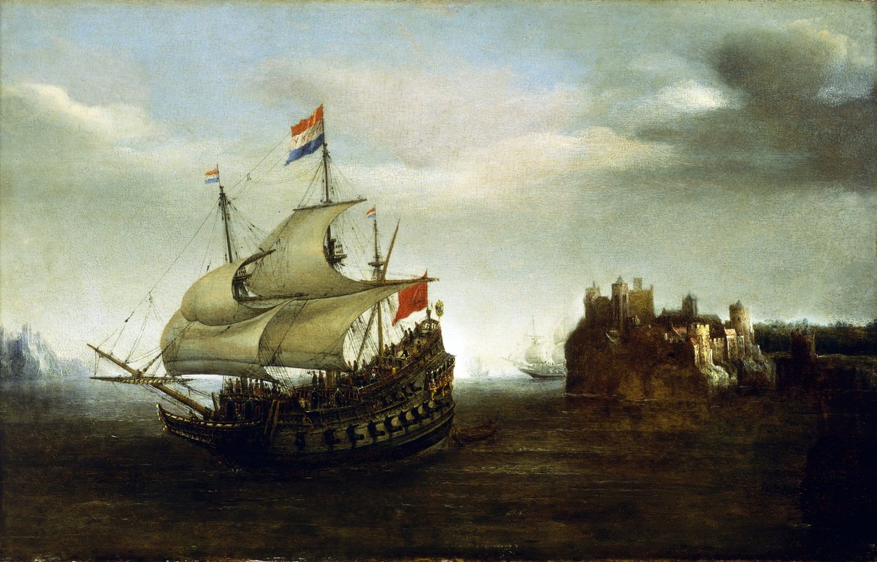 Holandská loď plující poblíž hradu, nedaleko skalnatého pobřeží. Olej na dřevě od Hendrick Cornelisz Vroom
