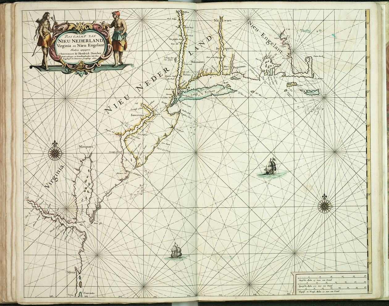 Mapa Nového Holandska, Virginie a Nové Anglie od Hendrick Doncker