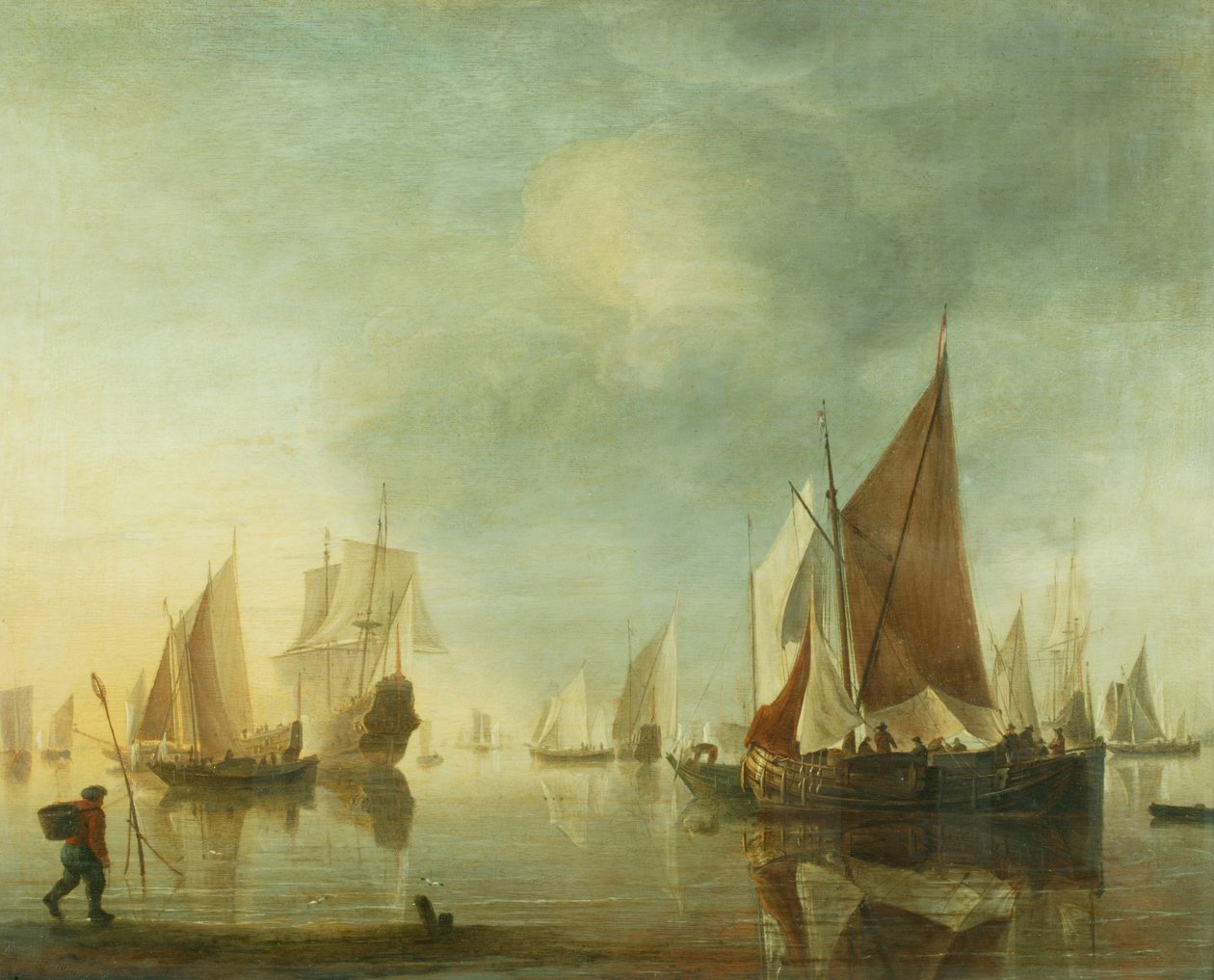 Lodní kotva na moři v klidném moři; večerní světlo, cca 1650-60 (olej na panelu) od Hendrick Dubbels