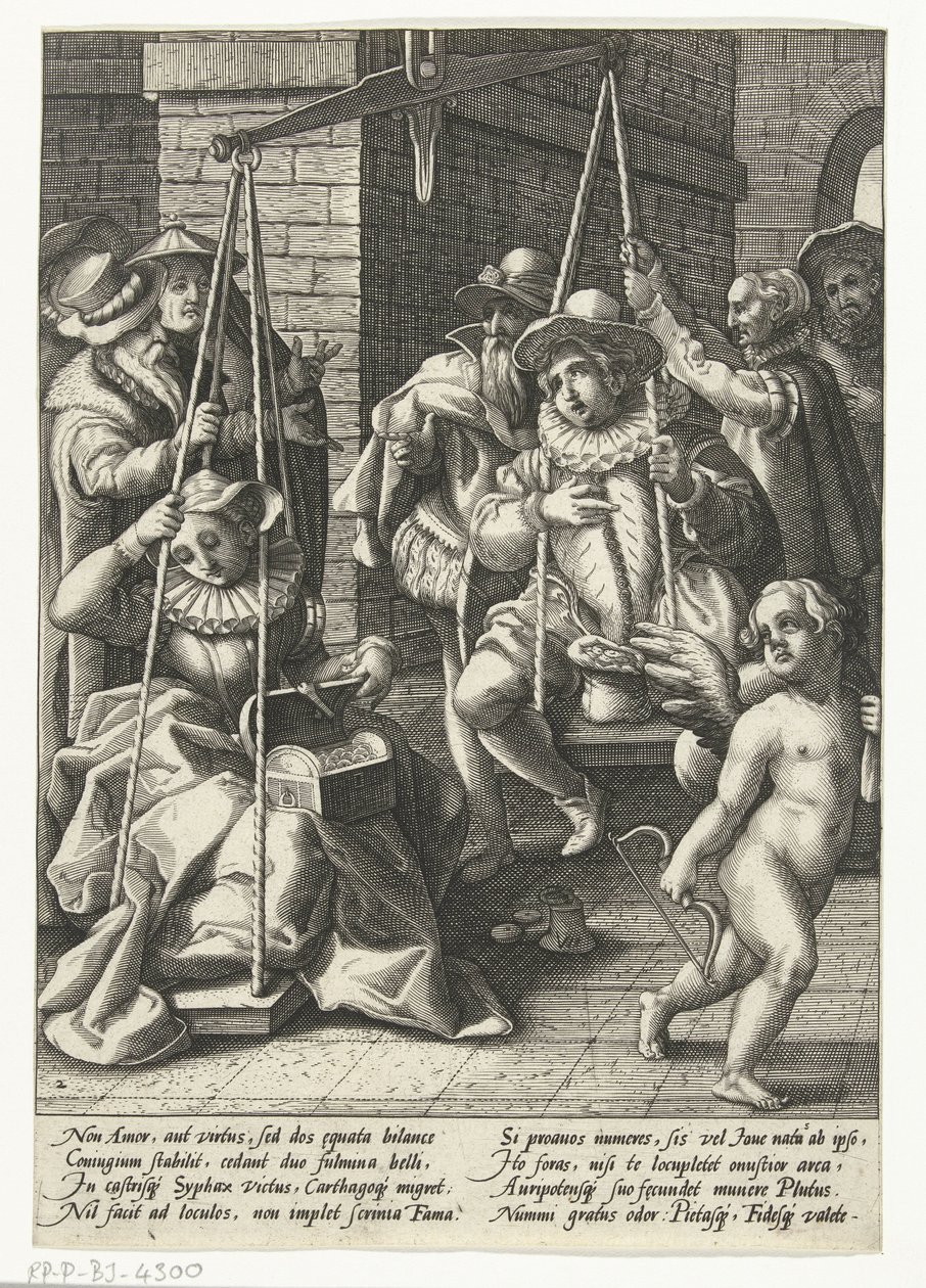Manželské váhy Peníze jsou ta pravá láska Svatební měřítko Přísloví podle Karla van Mandera (název série) od Hendrick Goltzius (attributed to workshop of)