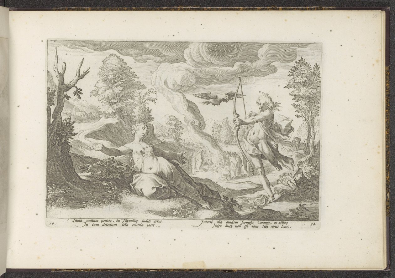 Apollo doodt Coronis Ovidiův Metamorfosen (název série) Herscheppingen van P. Ovidius Naso (název série) od Hendrick Goltzius (workshop of)