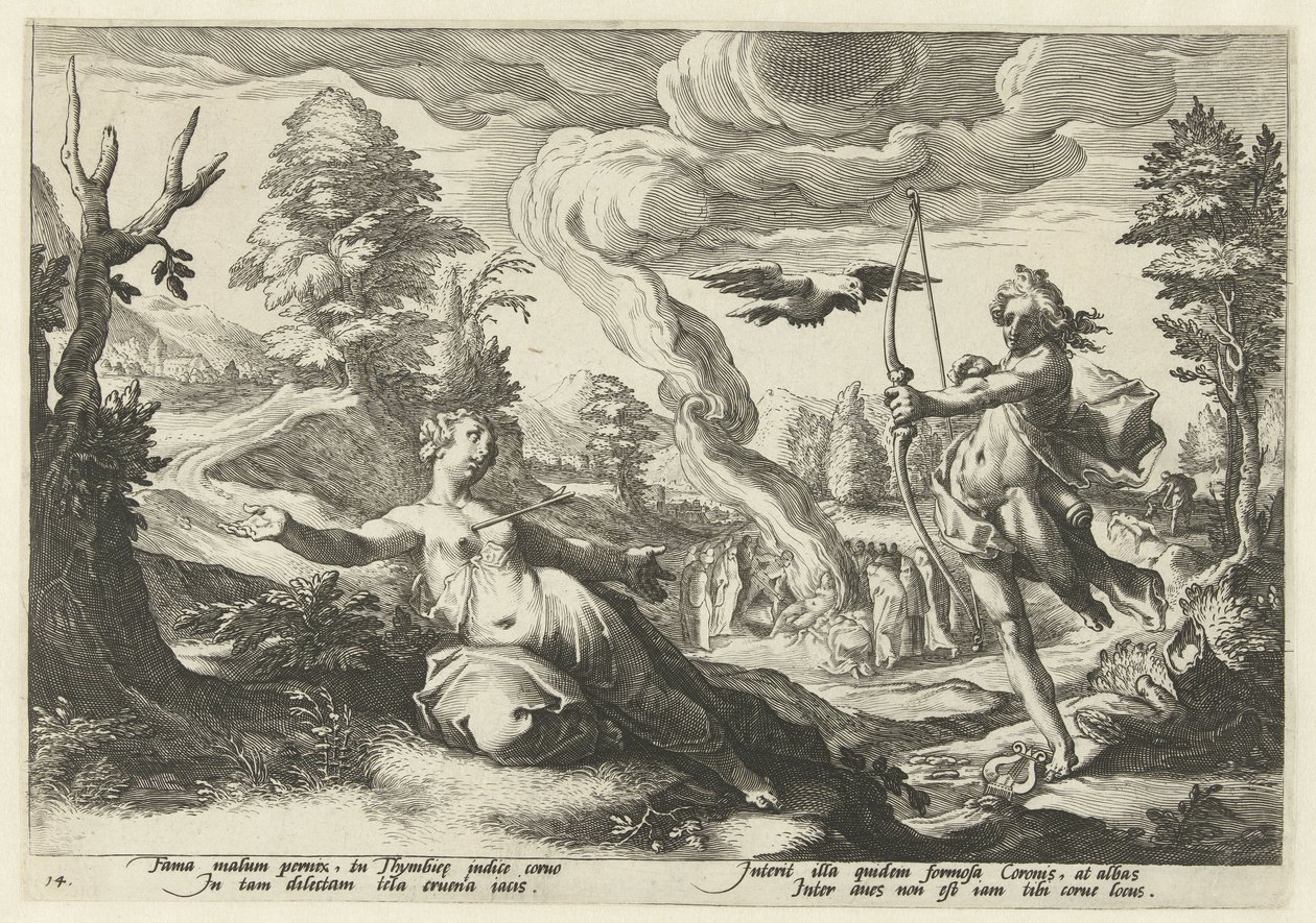 Apollo doodt Coronis Ovidiův Metamorfosen (název série) od Hendrick Goltzius (workshop of)