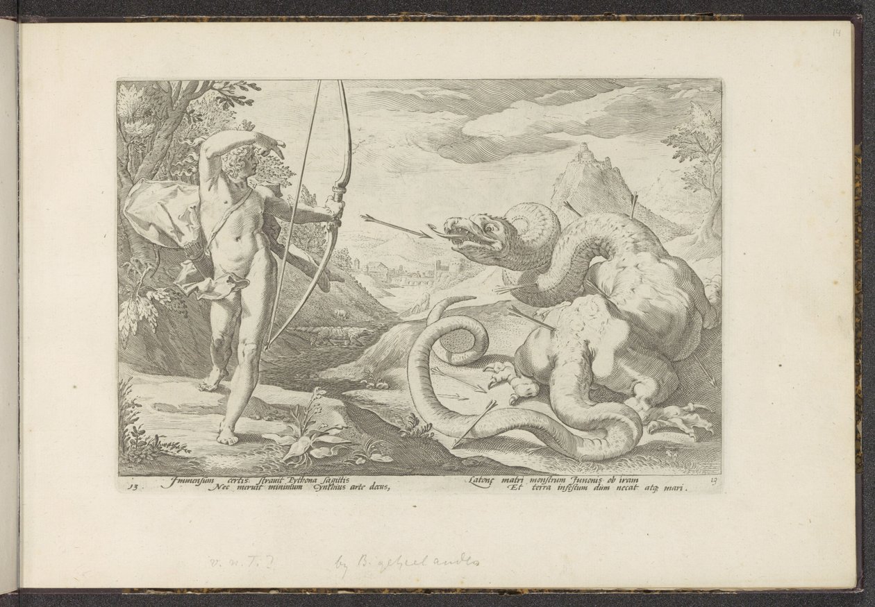 Apollo zabije obřího hada Pythona Ovidiovy metamorfózy (název série) Re-creations P. Ovidius Naso (název série) od Hendrick Goltzius (workshop of)