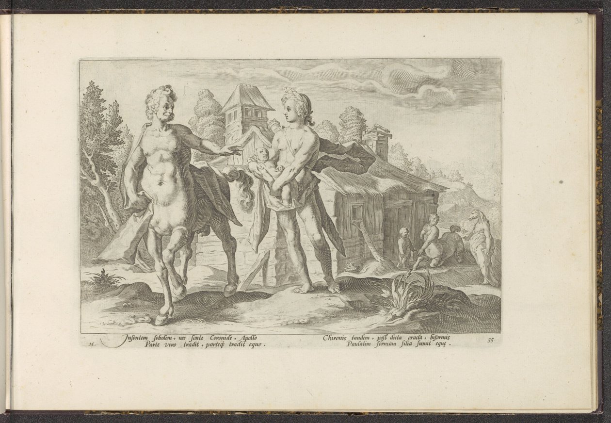 Apollo pověří Asklépia Chirónovi Ovidiovy metamorfózy (název série) Re-creations P. Ovidius Naso (název série) od Hendrick Goltzius (workshop of)