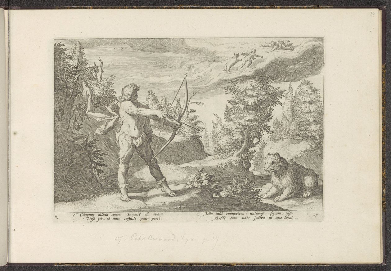 Arcas míří svým šípem na Callisto Ovidiovy metamorfózy (název série) Re-creations P. Ovidius Naso (název série) od Hendrick Goltzius (workshop of)