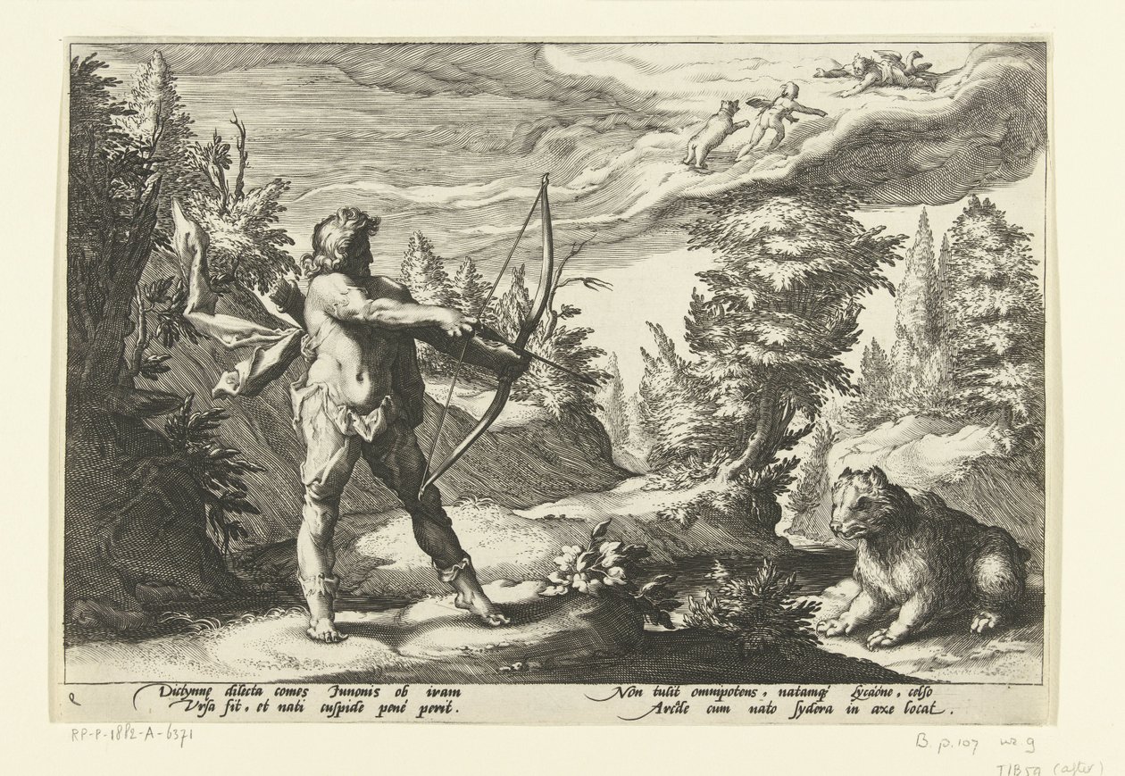 Arcas míří svým šípem na Callisto Ovidiovy metamorfózy (název série) od Hendrick Goltzius (workshop of)