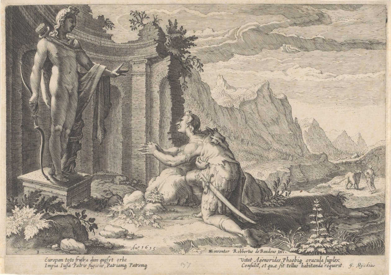 Cadmus se radí s věštcem v Delfách Metamorfózy Ovidia (název série) od Hendrick Goltzius (workshop of)