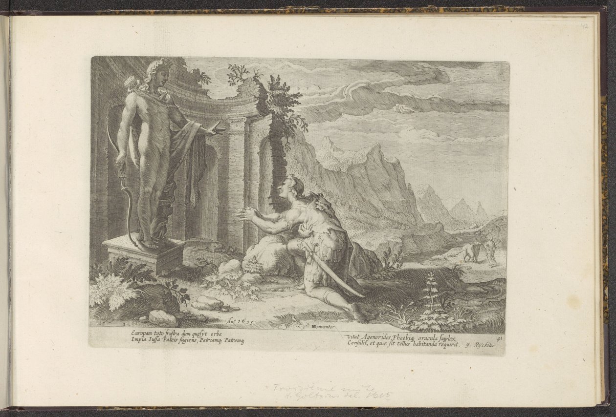 Cadmus se ptá věštce Delphi, co má dělat, když se mu nepodařilo najít svou sestru Europu Ovidiovy metamorfózy (název série) Re-creations P. Ovidius Naso (název série) od Hendrick Goltzius (workshop of)