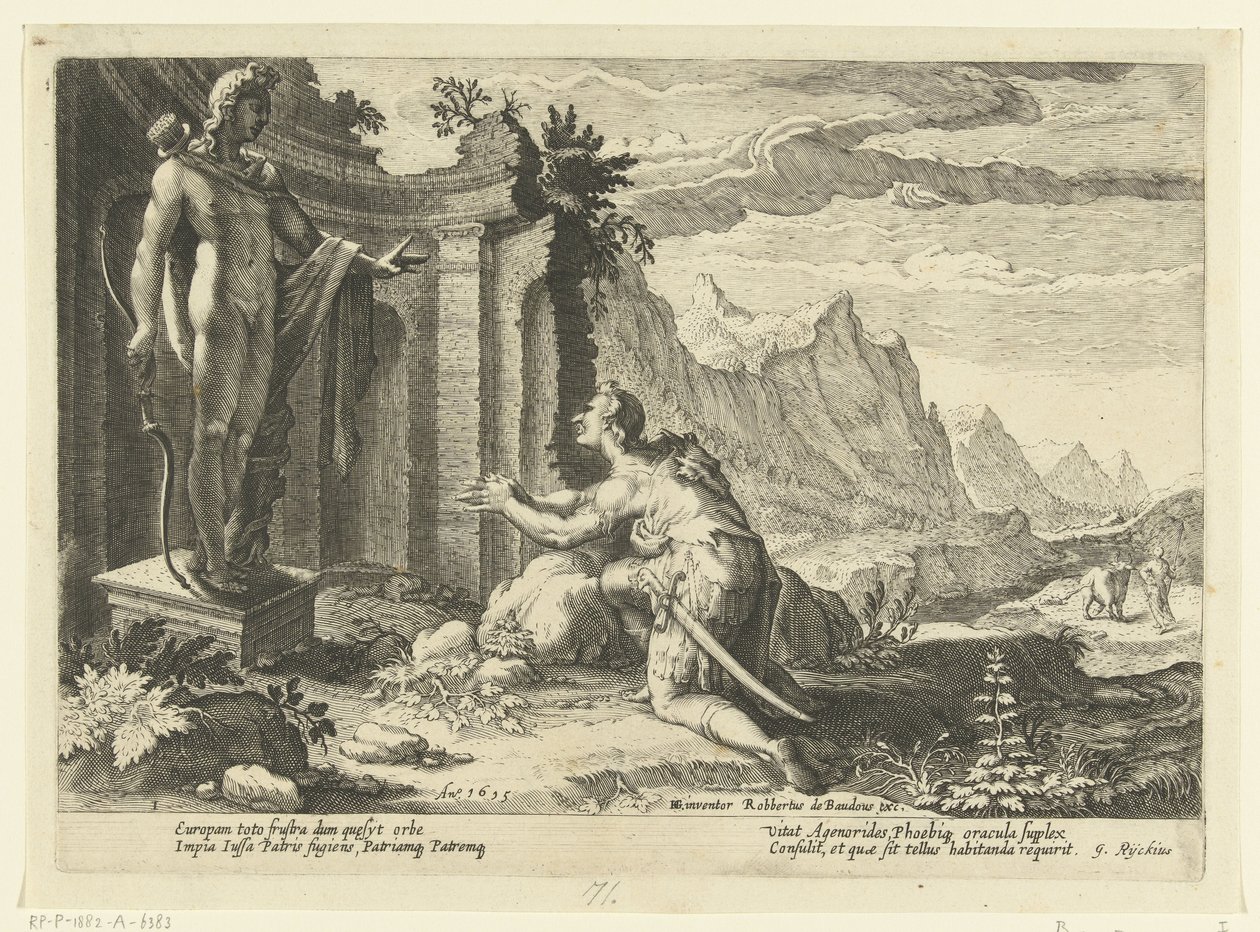 Cadmus se ptá věštce Delphi, co má dělat, když se mu nepodařilo najít svou sestru Europu Ovidiovy metamorfózy (název série) od Hendrick Goltzius (workshop of)