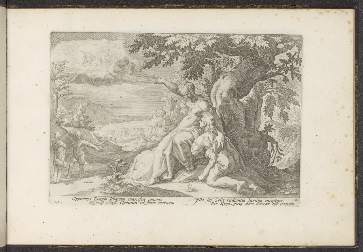 Clymene přiřadí Phaethonovi jeho otce, boha Slunce Ovidiovy metamorfózy (název série) Re-creations P. Ovidius Naso (název série) od Hendrick Goltzius (workshop of)