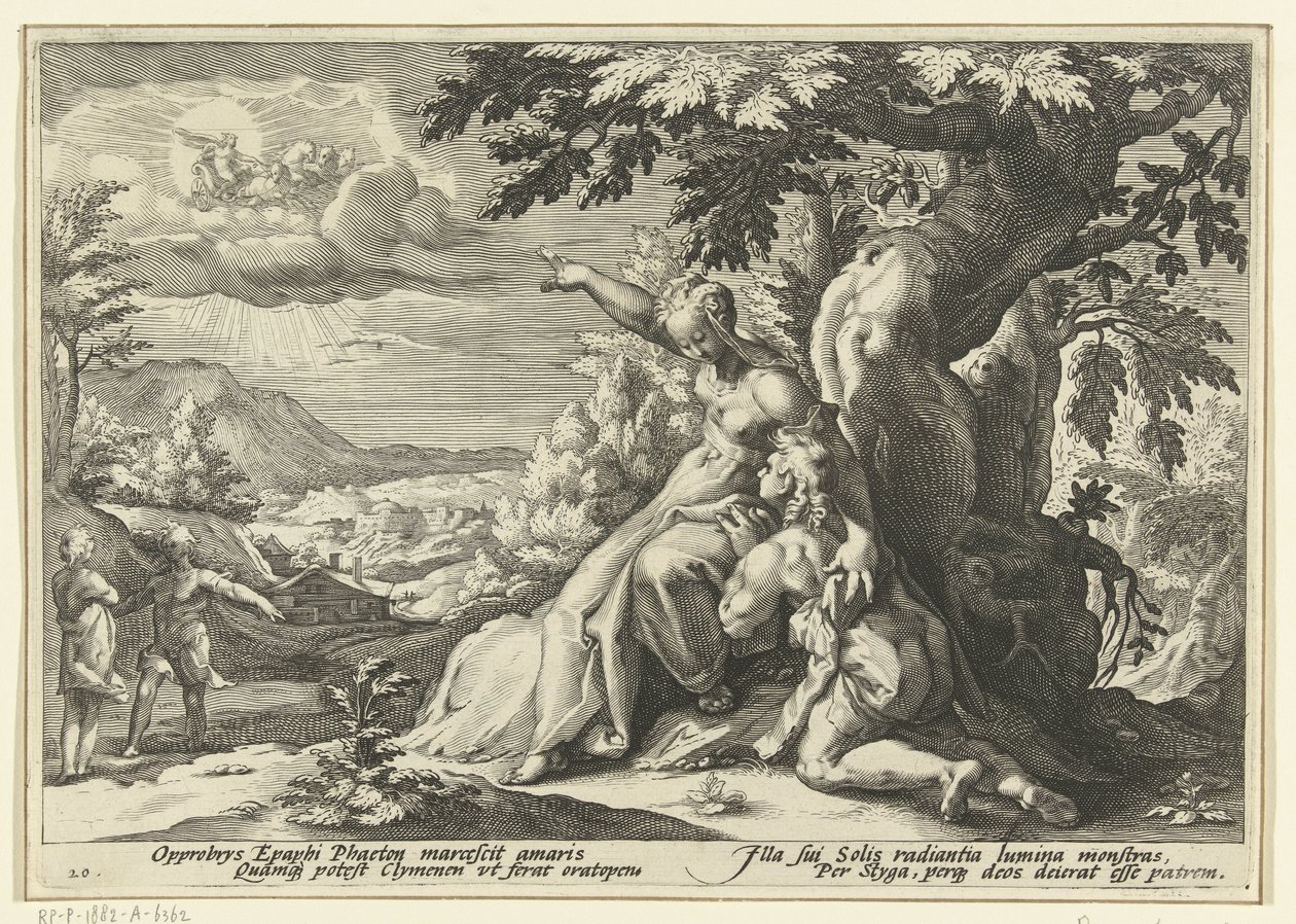 Clymene přiřadí Phaethonovi jeho otce, boha Slunce Ovidiovy metamorfózy (název série) od Hendrick Goltzius (workshop of)