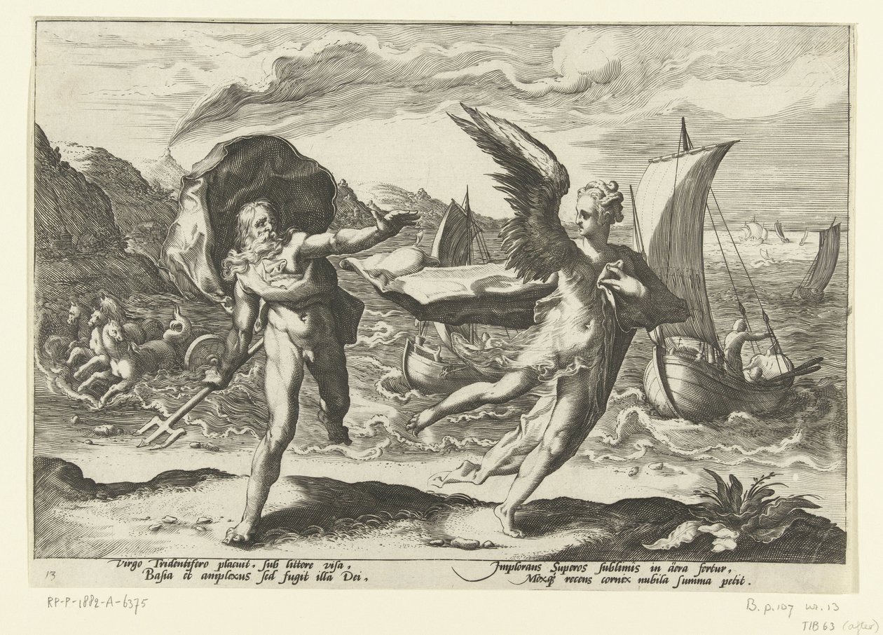 Římsa se promění v een kraai Neptun a Coronis Ovidiův Metamorfosen (název série) od Hendrick Goltzius (workshop of)
