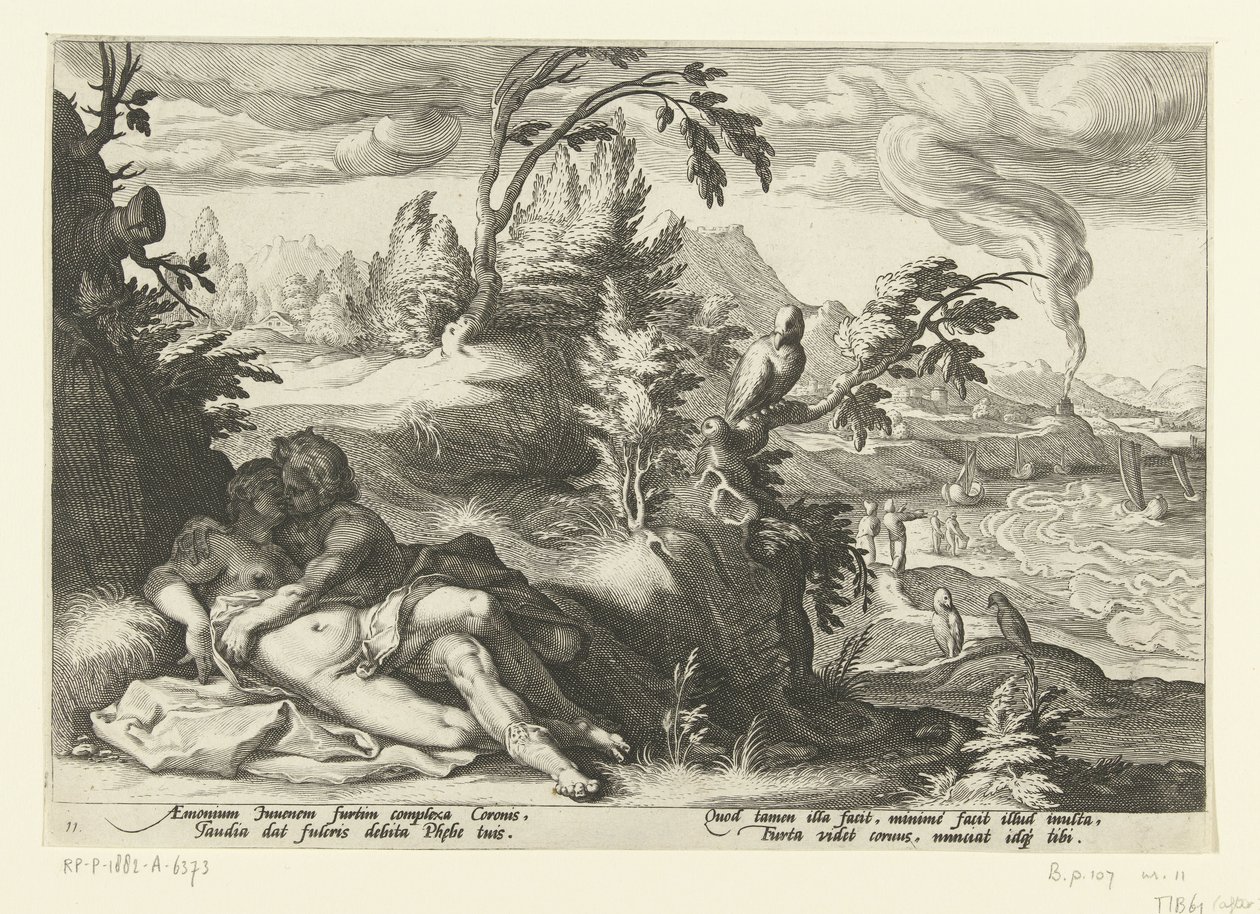 Corvus chytí dívku Coronis Ovidiovy metamorfózy (název série) od Hendrick Goltzius (workshop of)