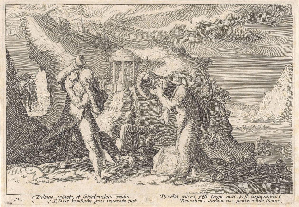 Deucalion a Pyrrha vytvářejí novou lidskou rasu Metamorfózy Ovidia (název série) od Hendrick Goltzius (workshop of)