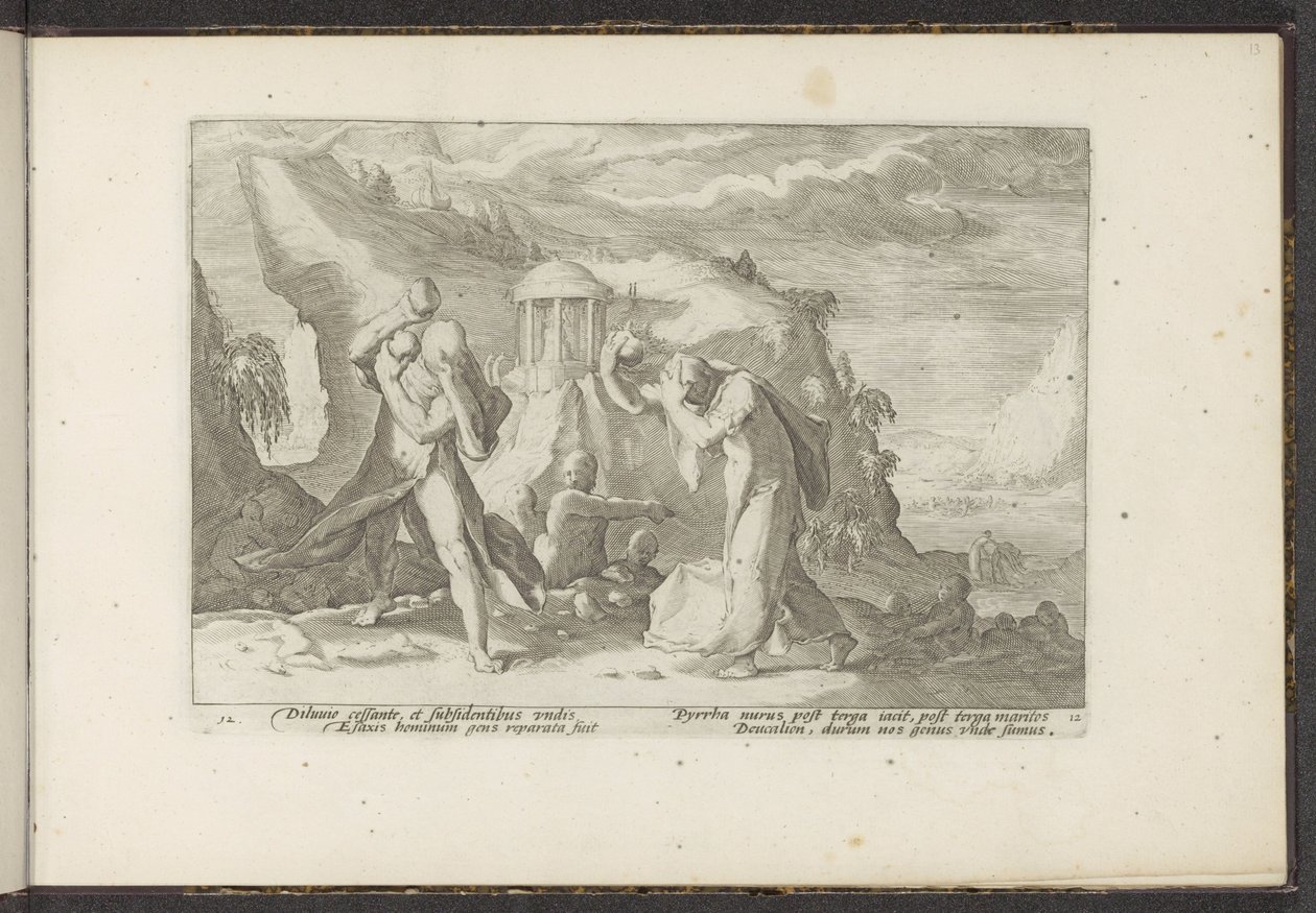 Deucalion a Pyrrha vytvářejí novou lidskou rasu Ovidiovy metamorfózy (název série) Re-creations P. Ovidius Naso (název série) od Hendrick Goltzius (workshop of)
