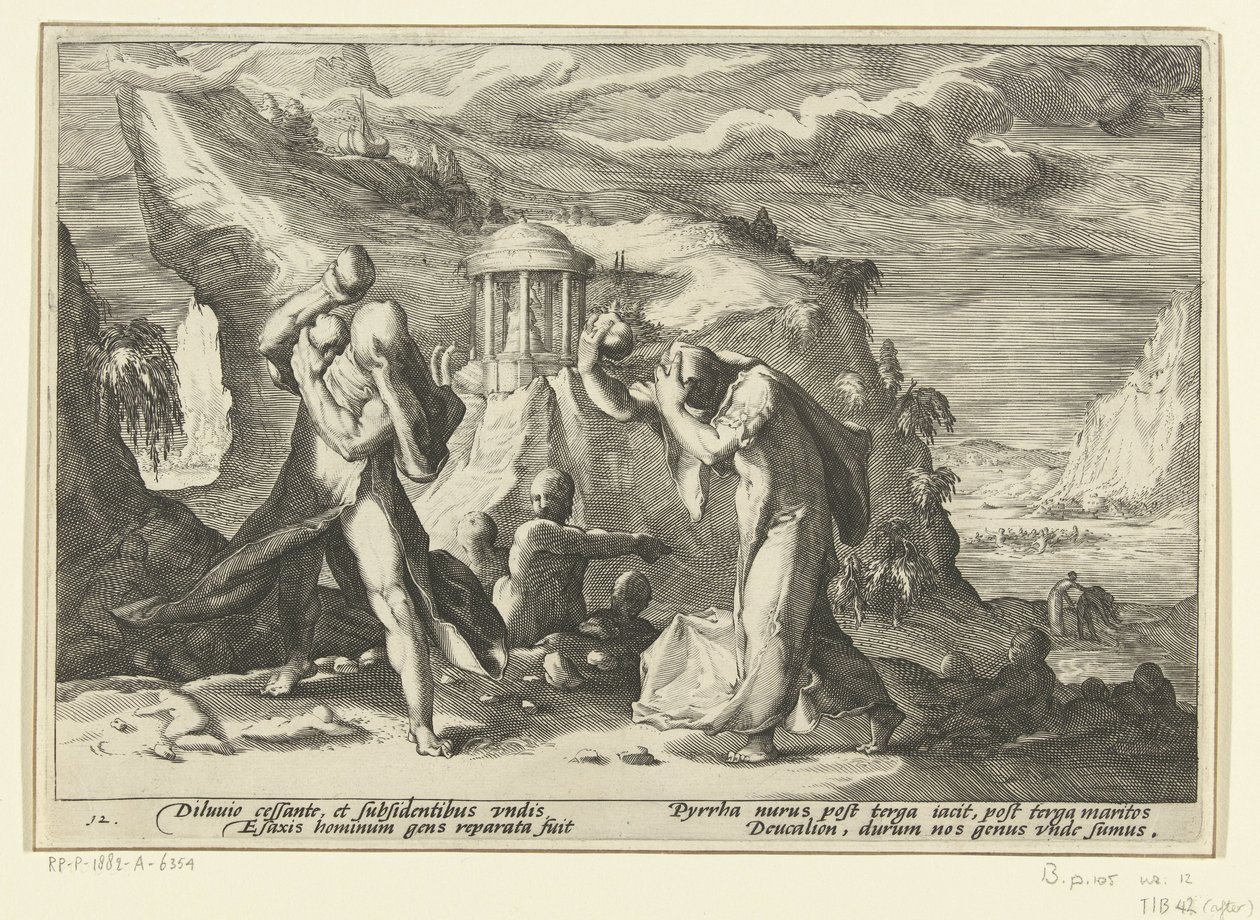 Deucalion a Pyrrha vytvářejí novou lidskou rasu Ovidiovy metamorfózy (název série) od Hendrick Goltzius (workshop of)