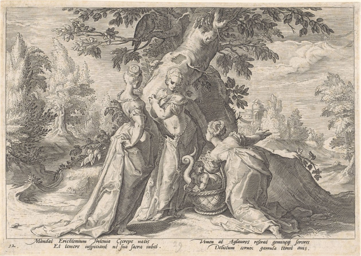 Dcery Cecrops otevírají košík Minervy Metamorfózy Ovidia (název série) od Hendrick Goltzius (workshop of)