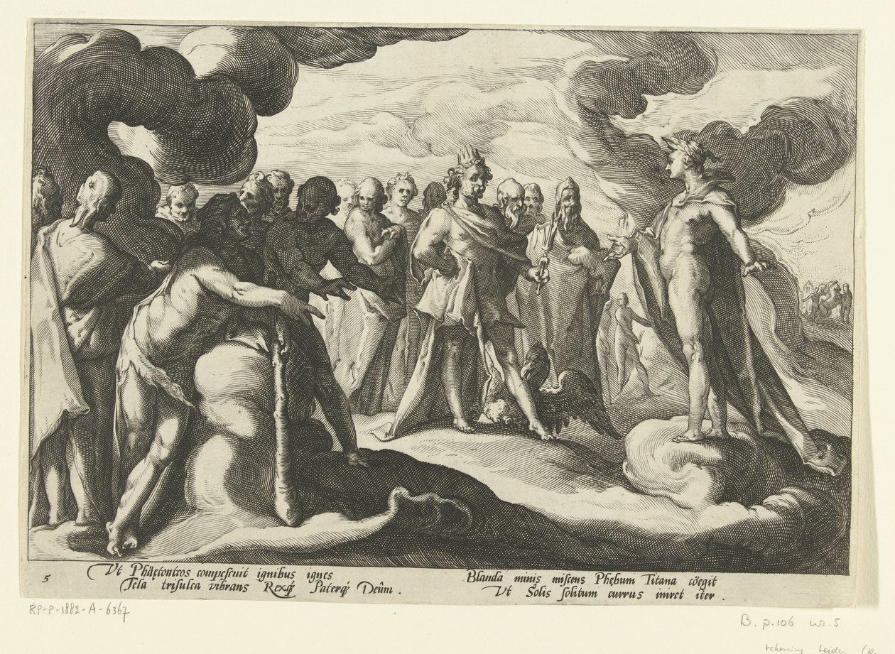 Bohové žádají boha Slunce, aby znovu jel na svém voze Ovidiovy metamorfózy (název série) od Hendrick Goltzius (workshop of)