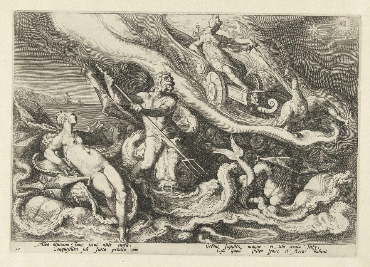 Juno si stěžuje Thetis a Oceanus Ovidiovy metamorfózy (název série) od Hendrick Goltzius (workshop of)