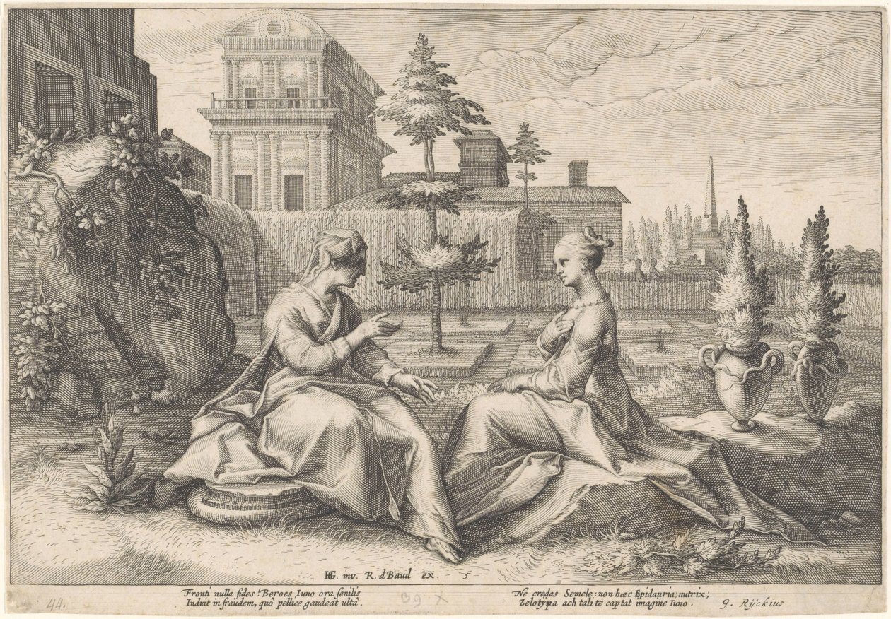 Juno se blíží k Semele v masce Beroe Metamorfózy Ovidia (název série) od Hendrick Goltzius (workshop of)