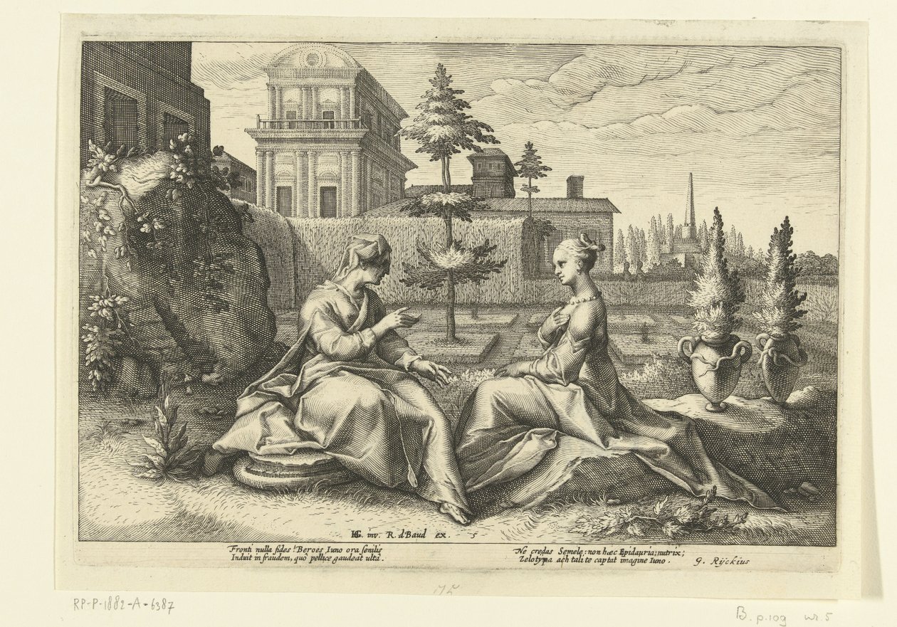 Juno se blíží k Semele v masce Beroe Ovidiovy metamorfózy (název série) od Hendrick Goltzius (workshop of)
