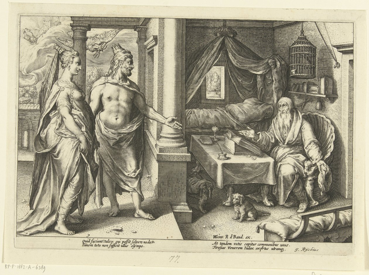 Juno a Jupiter se poradí s Tiresiasem Ovidiovy metamorfózy (název série) od Hendrick Goltzius (workshop of)
