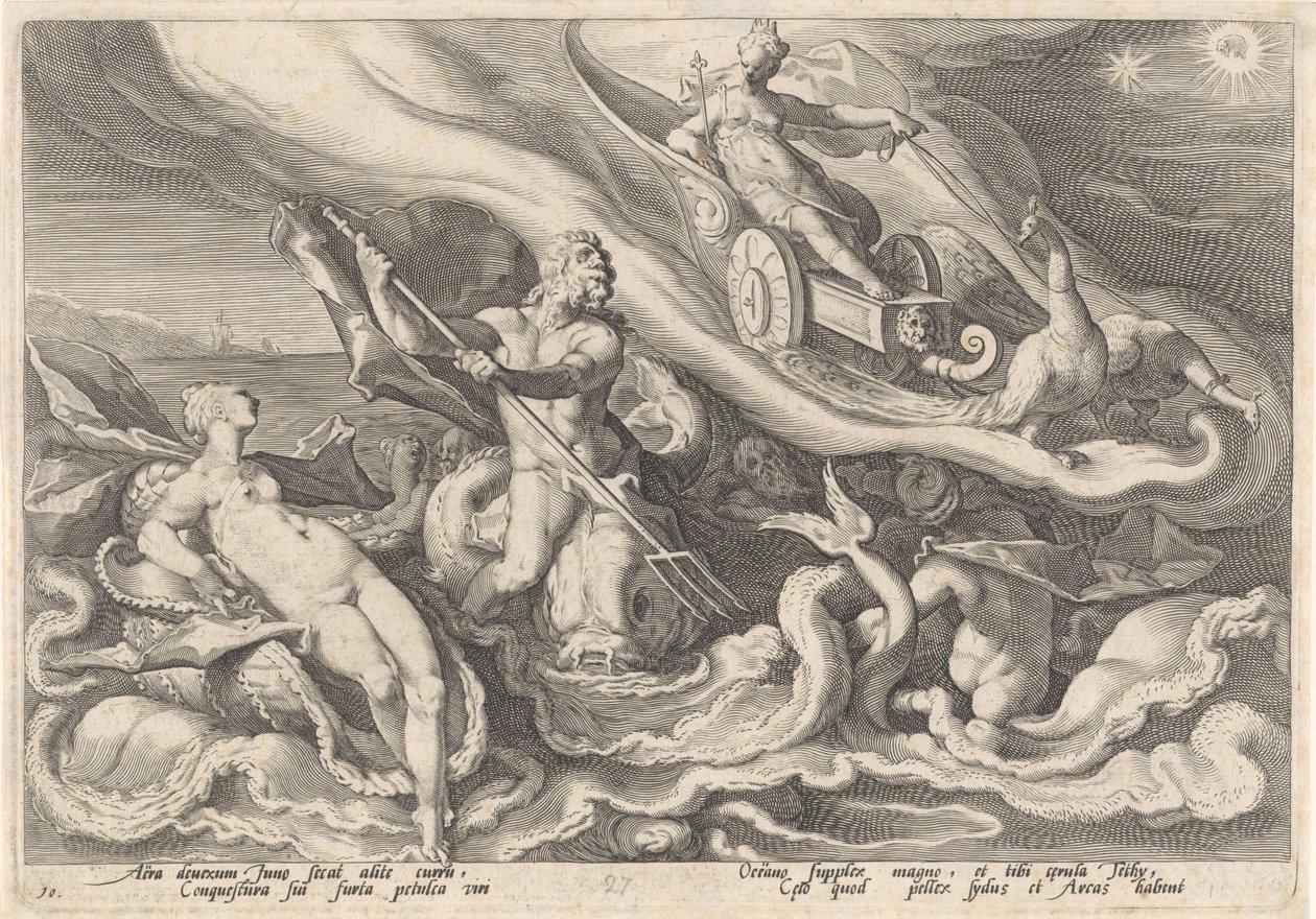 Juno si stěžuje Thetis a Oceanus Metamorfózy Ovidia (název série) od Hendrick Goltzius (workshop of)