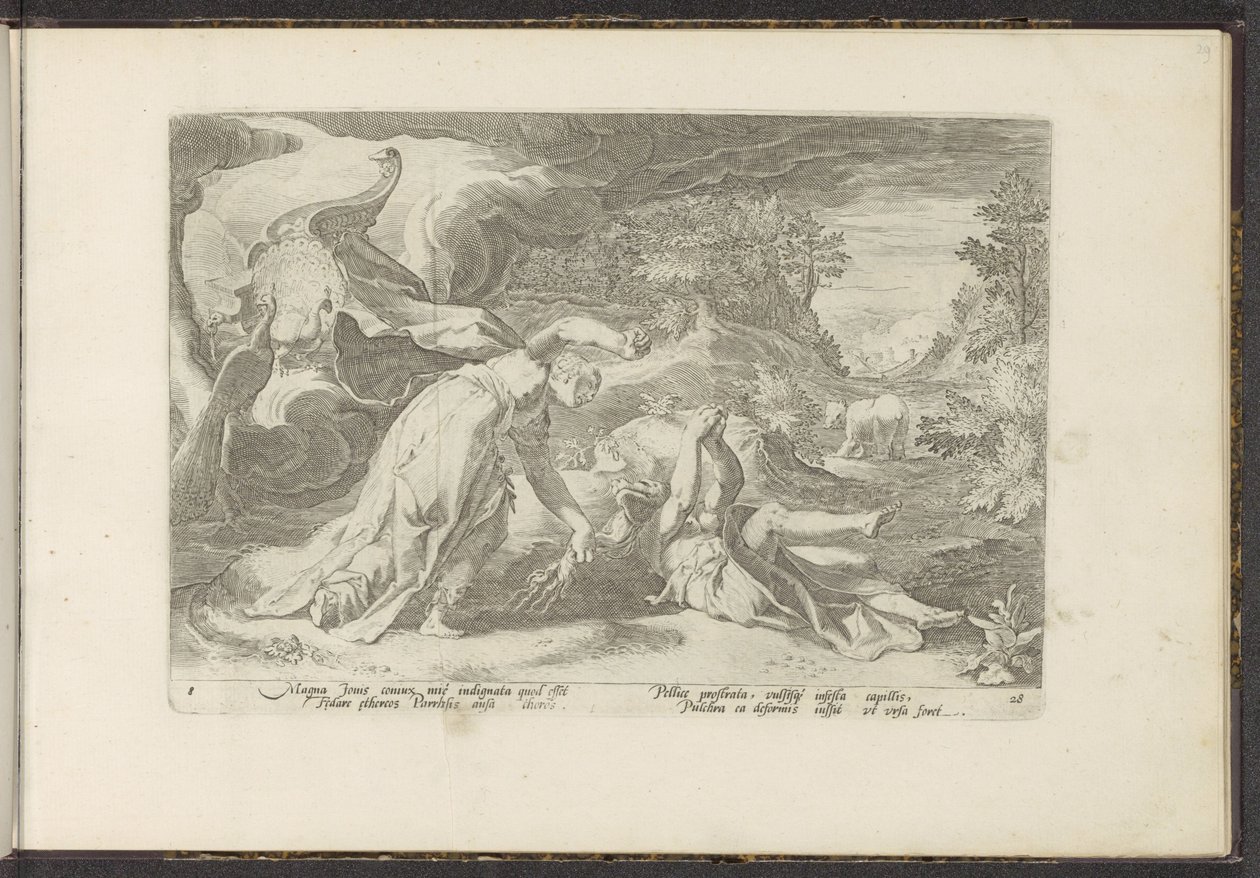Juno promění Callisto v medvěda Ovidiovy metamorfózy (název série) Re-creations P. Ovidius Naso (název série) od Hendrick Goltzius (workshop of)