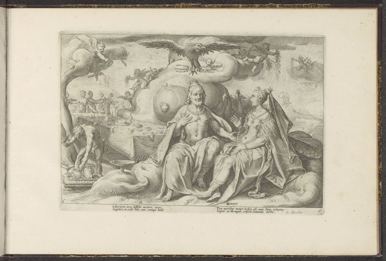 Jupiter a Juno diskutují o tom, které z pohlaví má větší touhu po lásce Ovidiovy metamorfózy (název série) Re-creations P. Ovidius Naso (název série) od Hendrick Goltzius (workshop of)