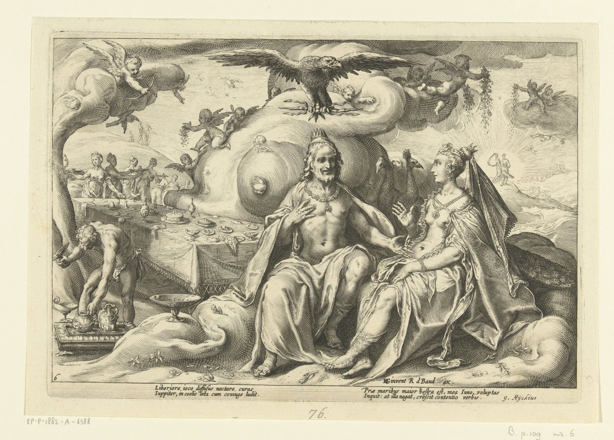 Jupiter a Juno diskutují o tom, které z pohlaví má větší touhu po lásce Ovidiovy metamorfózy (název série) od Hendrick Goltzius (workshop of)