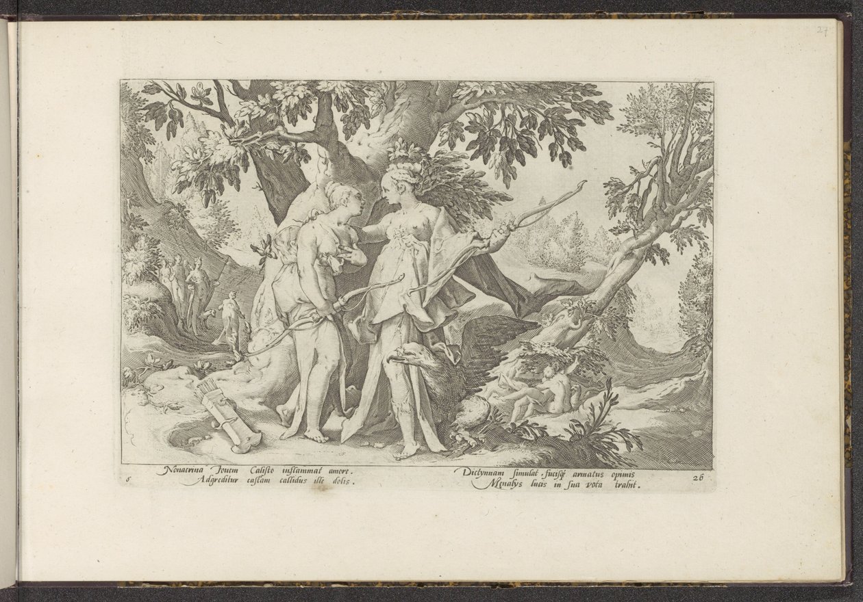 Jupiter svádí Callisto v převleku Diany Ovidiovy metamorfózy (název série) Re-creations P. Ovidius Naso (název série) od Hendrick Goltzius (workshop of)