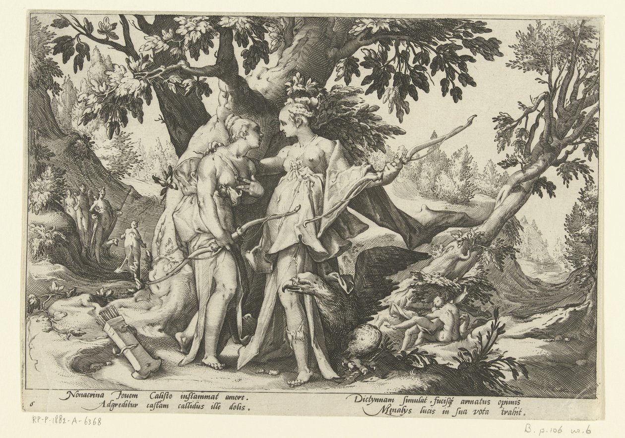 Jupiter svádí Callisto v převleku Diany Ovidiovy metamorfózy (název série) od Hendrick Goltzius (workshop of)