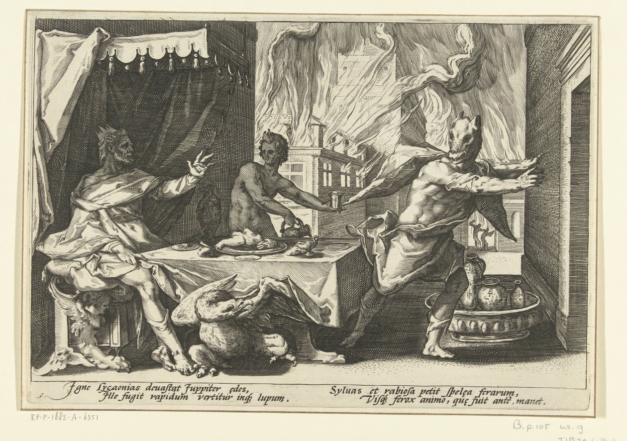 Lycaon se promění ve vlka Ovidiovy metamorfózy (název série) od Hendrick Goltzius (workshop of)