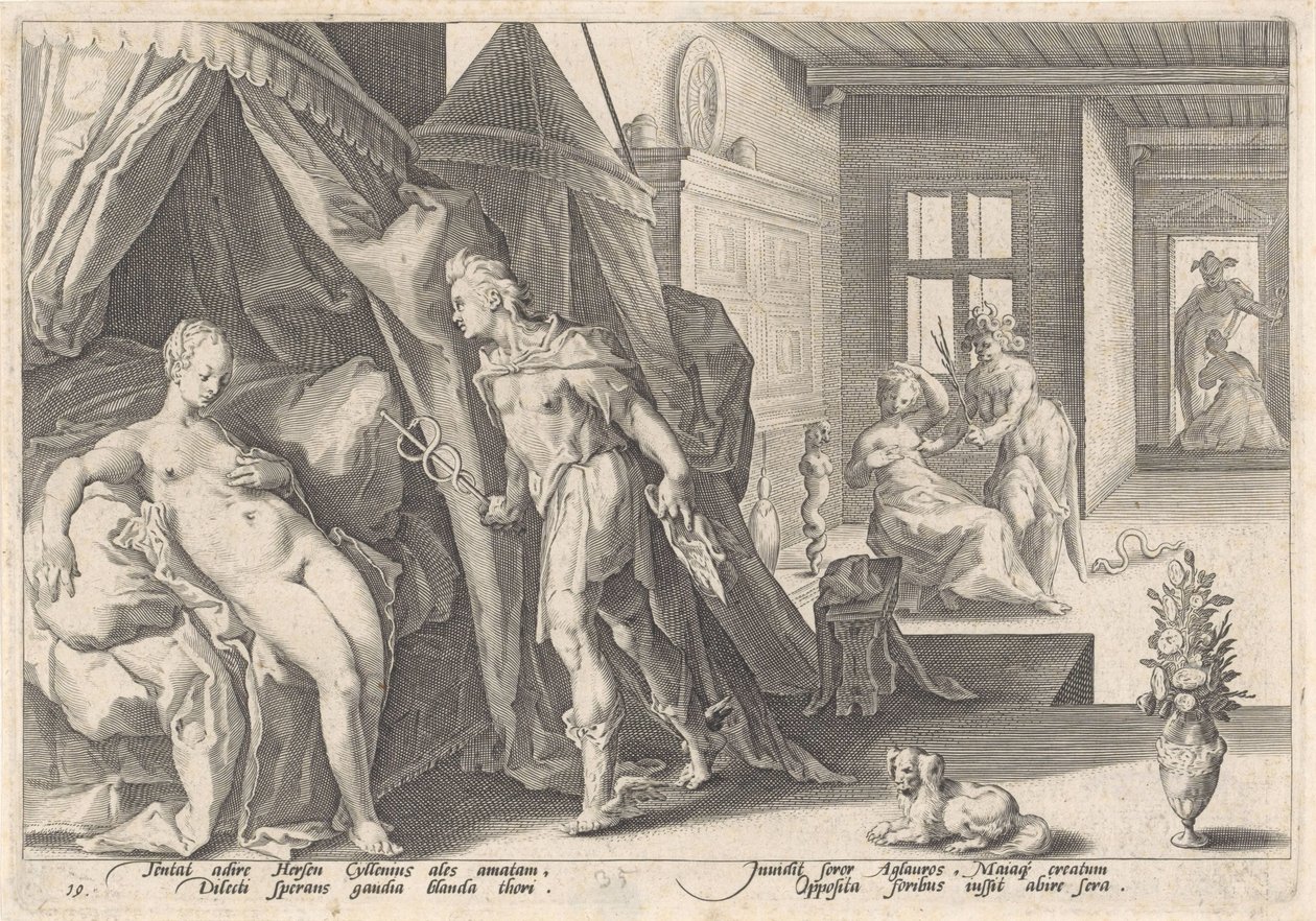 Merkur navštíví Herse Metamorfózy Ovidia (název série) od Hendrick Goltzius (workshop of)
