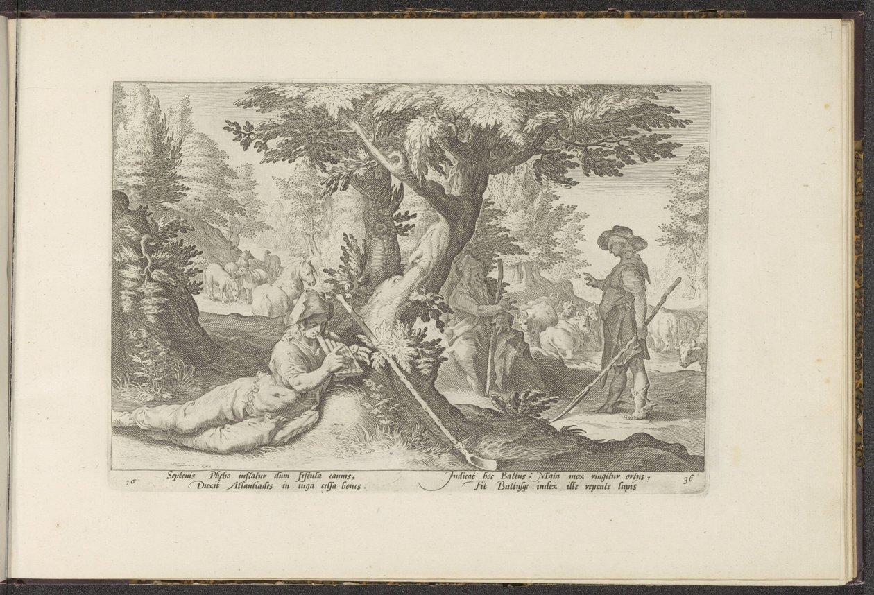 Merkur a Battus Ovidiův Metamorfosen (název série) Herscheppingen van P. Ovidius Naso (název série) od Hendrick Goltzius (workshop of)