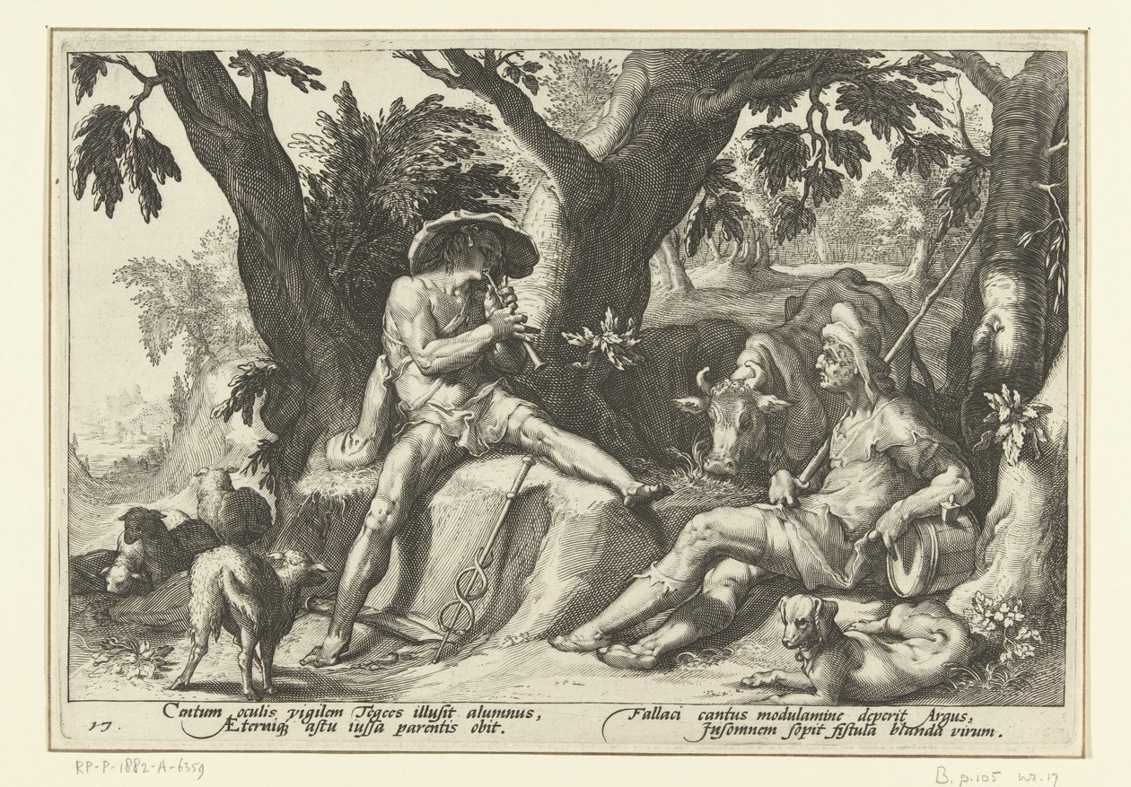 Mercury hraje na flétnu pro Argus Ovidiovy metamorfózy (název série) od Hendrick Goltzius (workshop of)