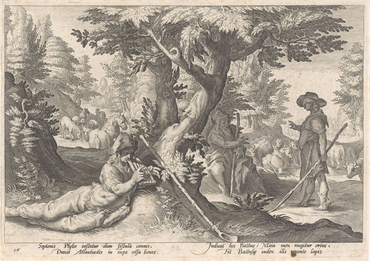 Merkur promění Battuse v kámen Metamorfózy Ovidia (název série) od Hendrick Goltzius (workshop of)