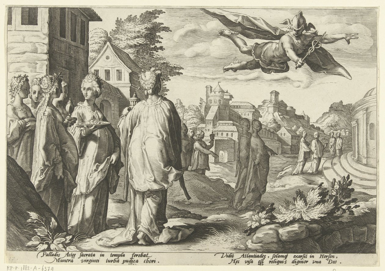 Mercury se zamiluje do Herse Ovidiovy metamorfózy (název série) od Hendrick Goltzius (workshop of)