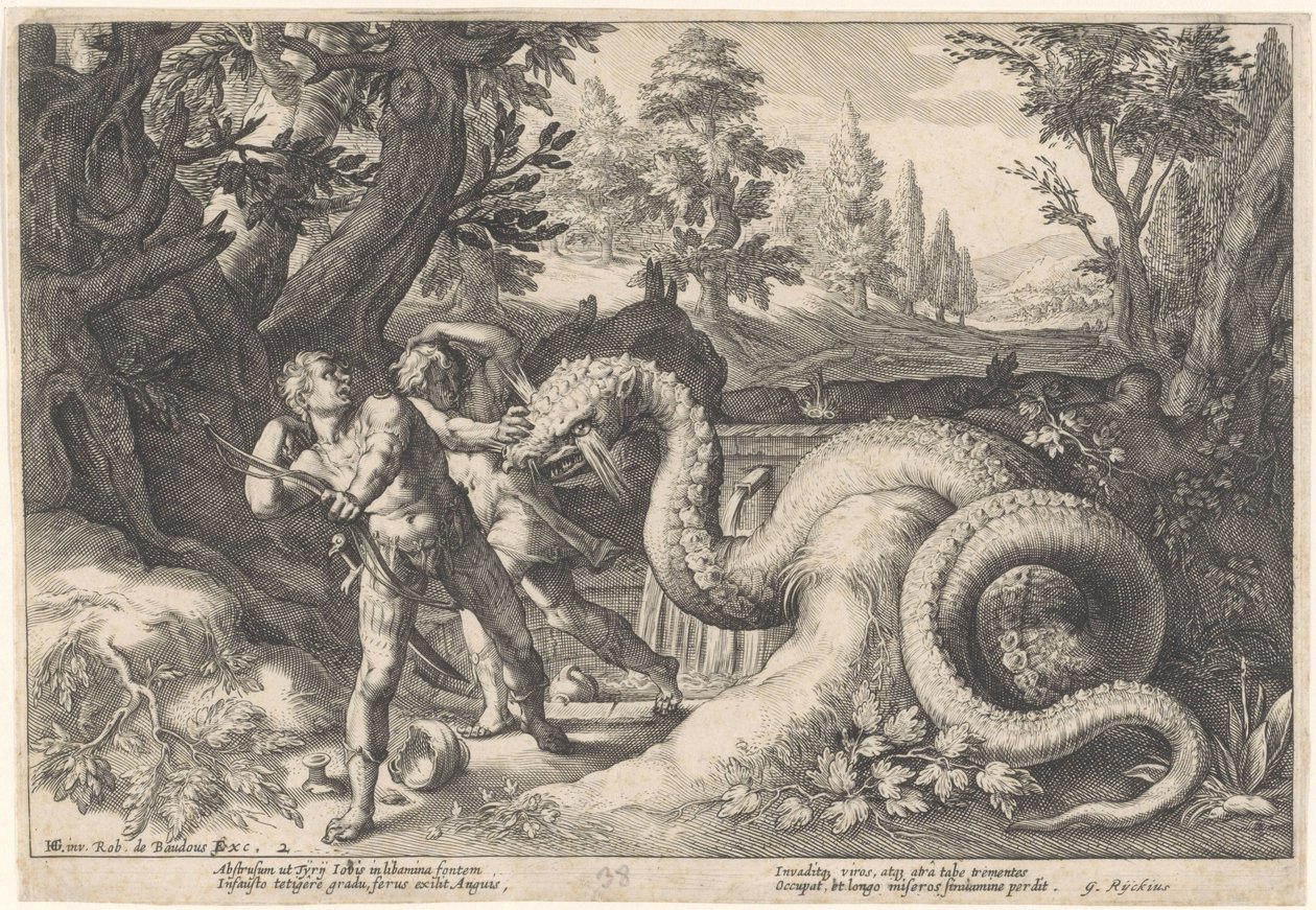 Kadmovi společníci pohlcení drakem Metamorfózy Ovidia (název série) od Hendrick Goltzius (workshop of)