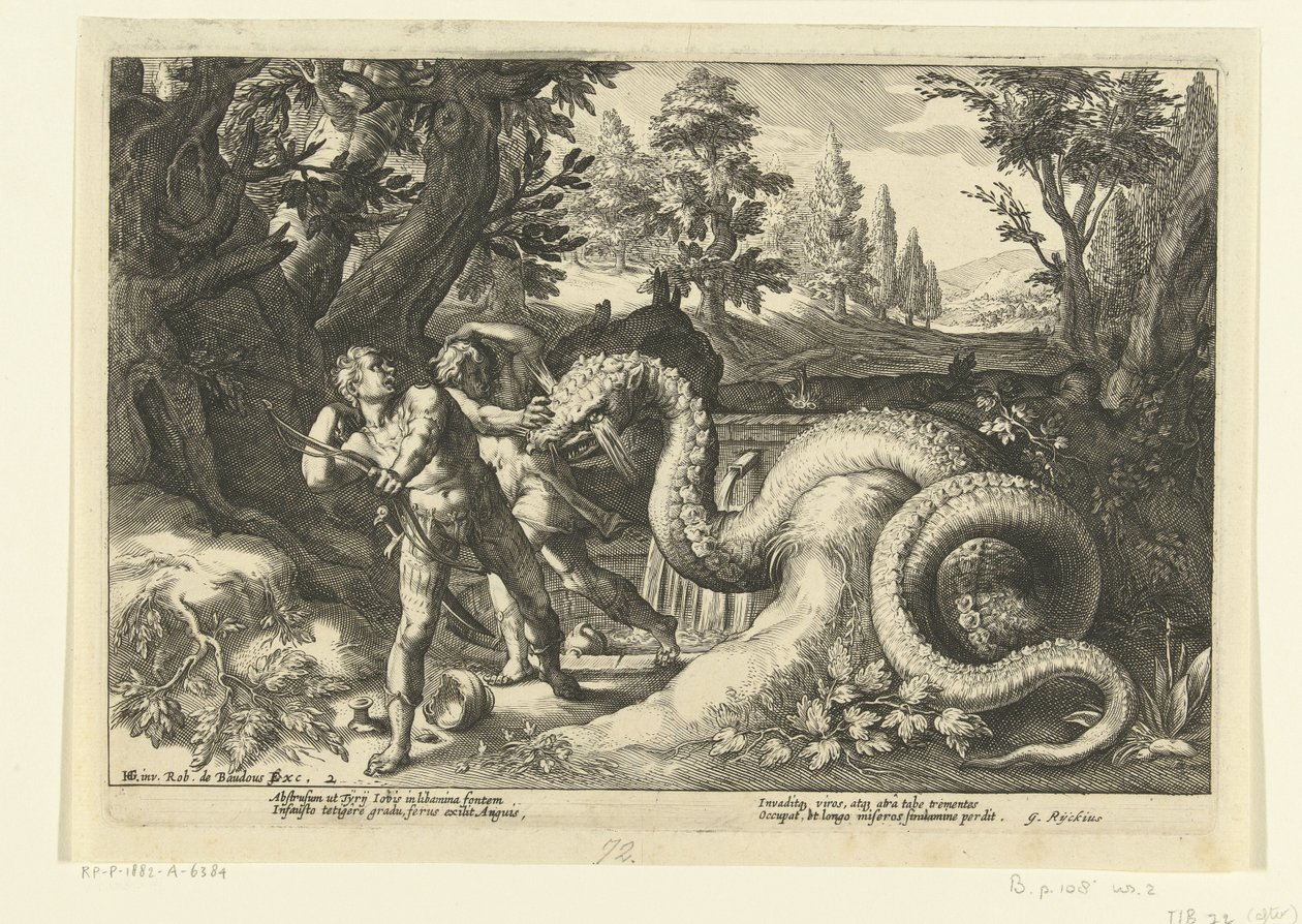 Kadmovi společníci pohlcení drakem Ovidiovy metamorfózy (název série) od Hendrick Goltzius (workshop of)