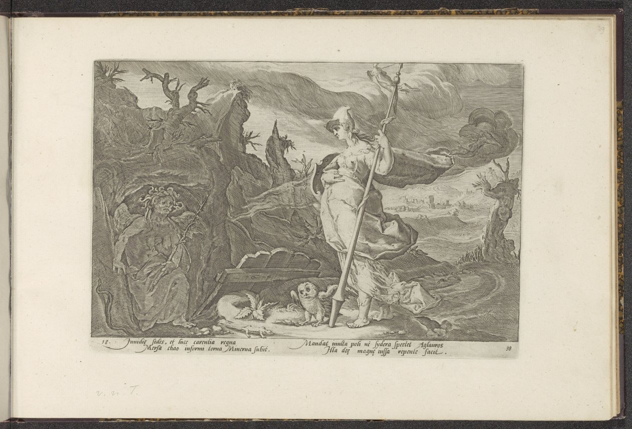 Minerva žádá Envy, aby v Aglauros roznítila žárlivost Ovidiovy metamorfózy (název série) Re-creations P. Ovidius Naso (název série) od Hendrick Goltzius (workshop of)