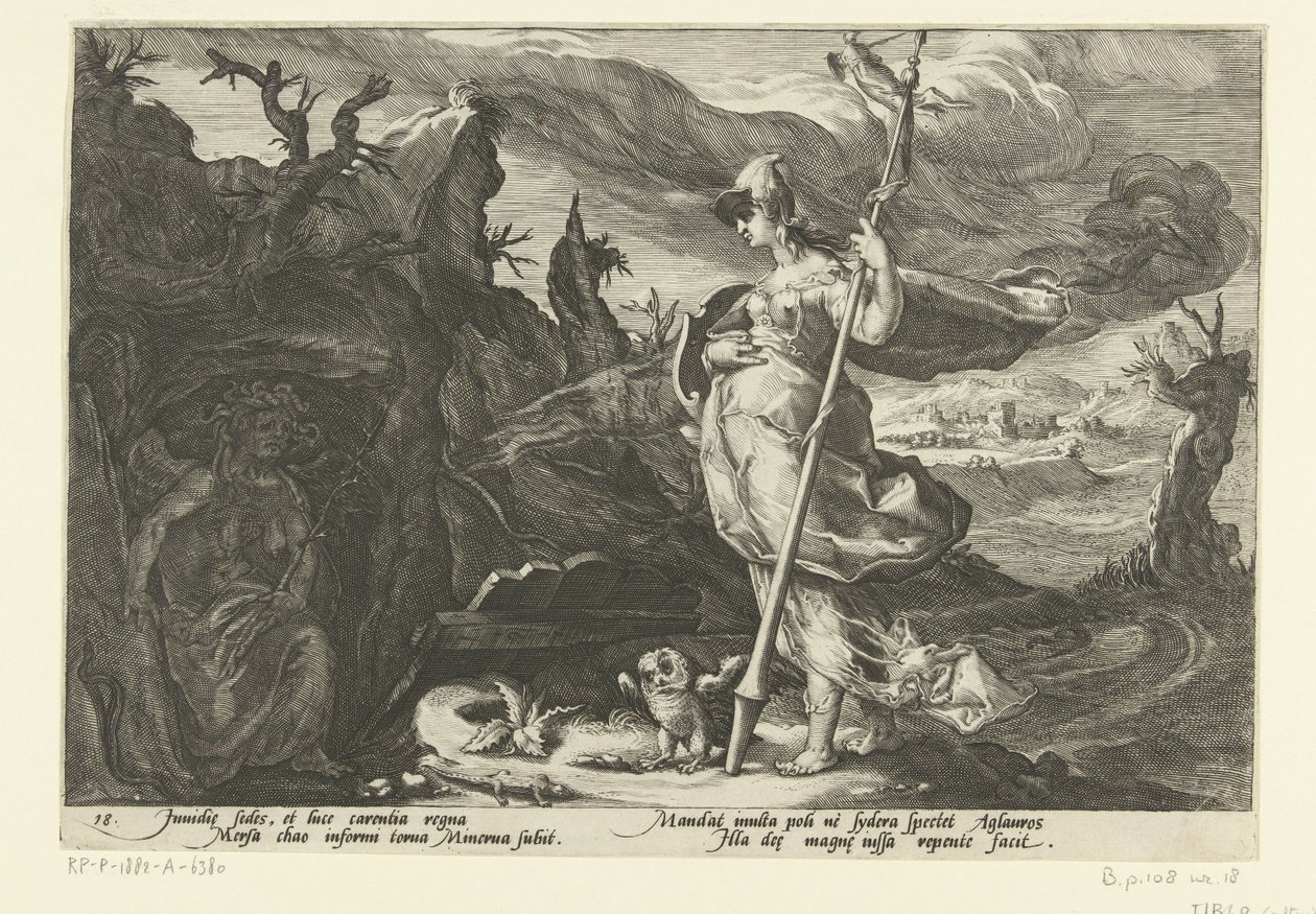 Minerva žádá Envy, aby v Aglauros roznítila žárlivost Ovidiovy metamorfózy (název série) od Hendrick Goltzius (workshop of)