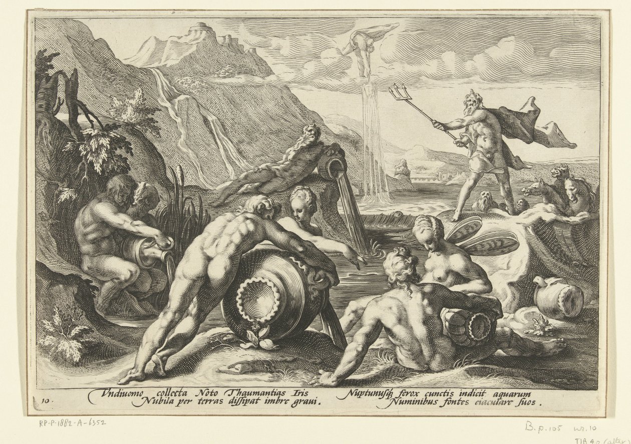 Neptun a říční bohové způsobují potopu Ovidiovy metamorfózy (název série) od Hendrick Goltzius (workshop of)