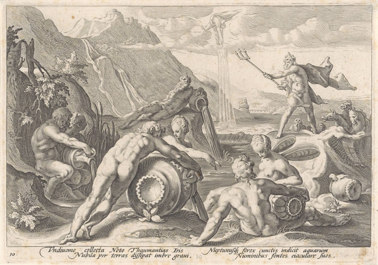 Neptun přikazuje říčním bohům způsobit potopu Metamorfózy Ovidia (název série) od Hendrick Goltzius (workshop of)